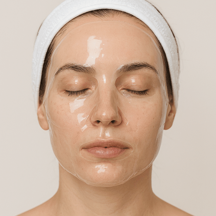 Rostro femenino con mascarilla de hidrogel transparente aplicada inmediatamente después del tratamiento con Dermapen.