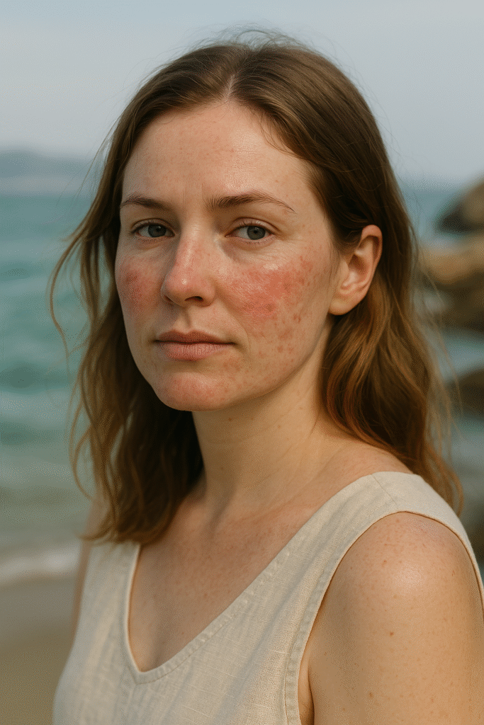 Mujer con síntomas de acné rosacea