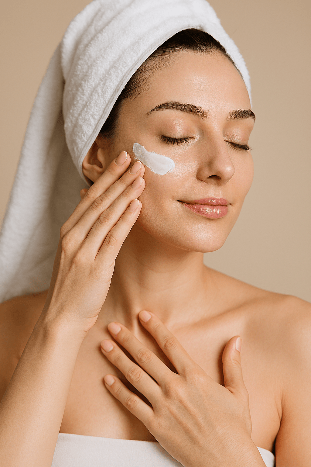 Mujer aplicando crema facial rejuvenecedora
