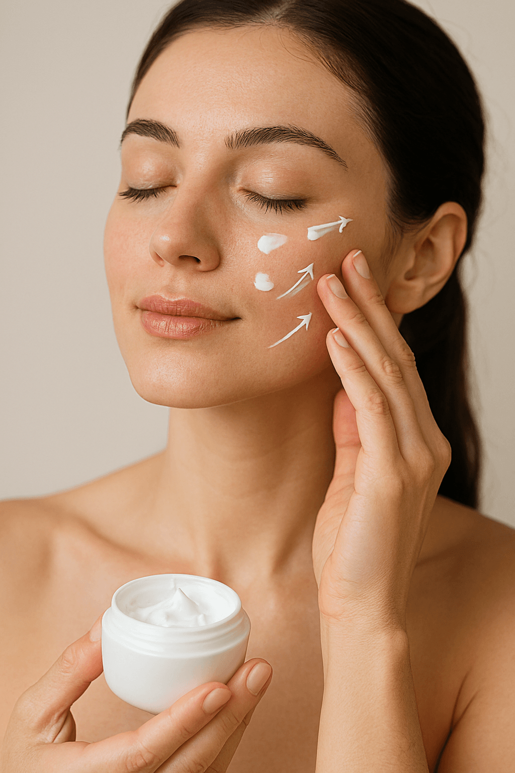 Mujer aplicando crema facial con movimientos ascendentes sobre la mejilla, técnica correcta para mejorar la absorción y el cuidado de la piel.