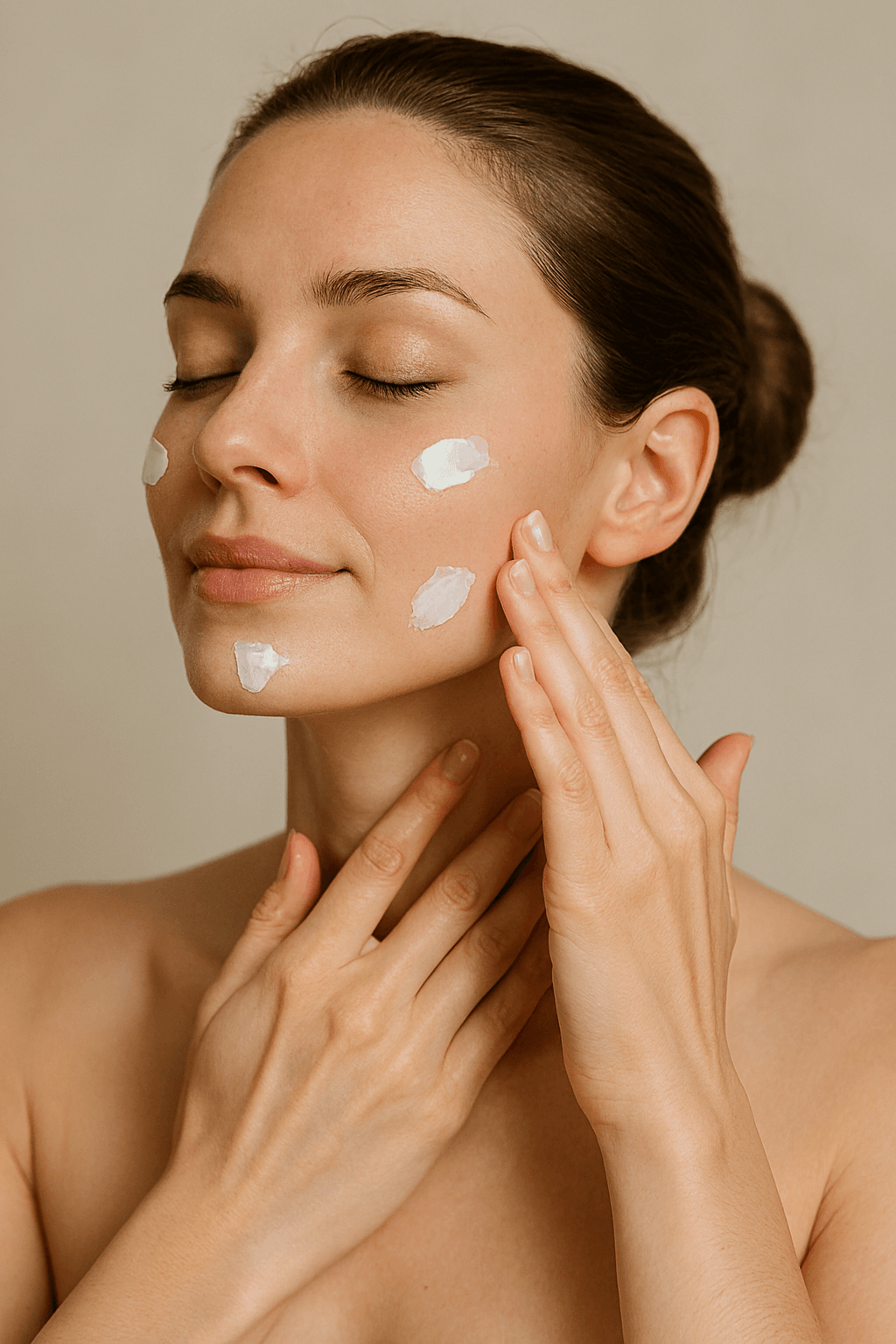 Rutina de hidratación facial con crema, mostrando el masaje en rostro y cuello para estimular la circulación y potenciar el efecto del producto.