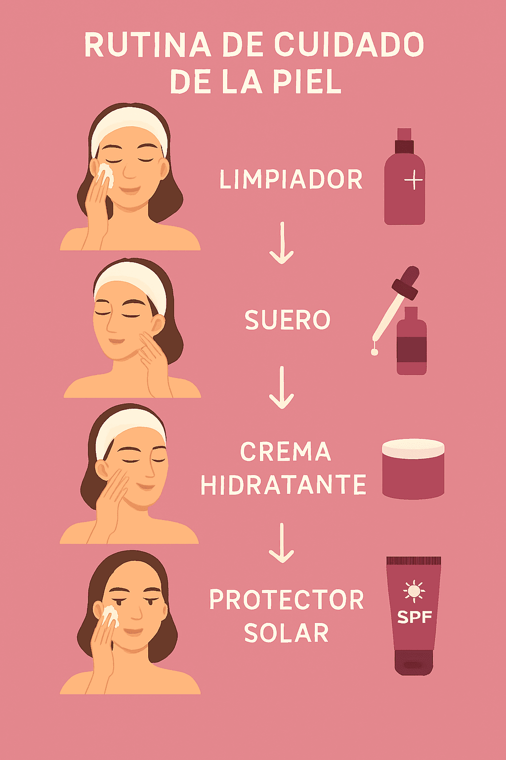 Diagrama paso a paso de la rutina facial: limpieza, sérum, crema hidratante y protector solar. Aprende cómo aplicar correctamente cada producto para maximizar su efectividad y cuidar tu piel como una experta.