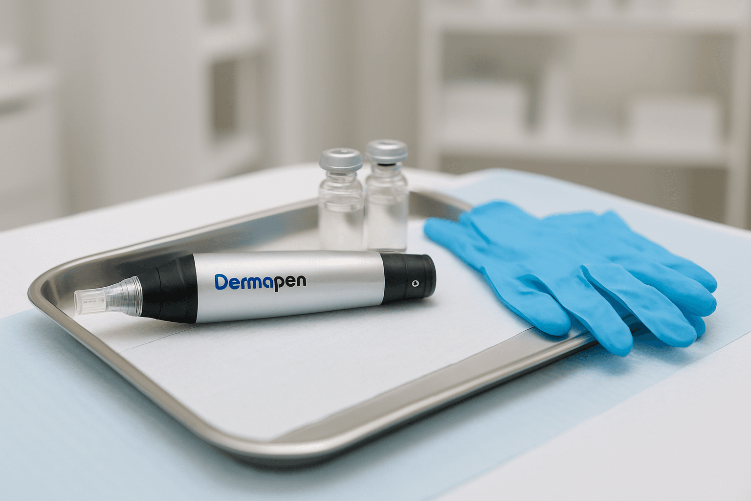 Dermapen profesional sobre bandeja estéril junto a viales y guantes en clínica estética, listo para tratamiento facial regenerativo con microagujas.