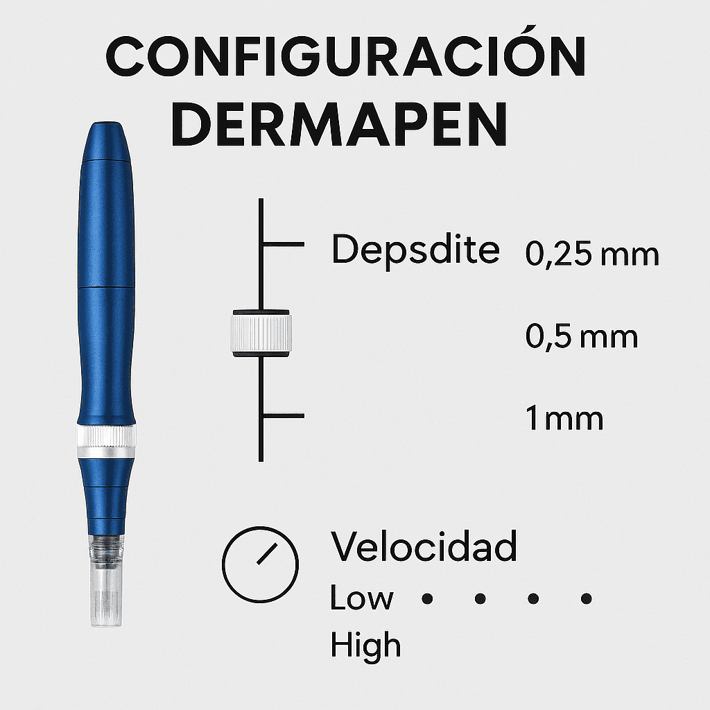 Diagrama explicativo de la configuración del Dermapen mostrando ajustes de profundidad y velocidad para distintas zonas del rostro.