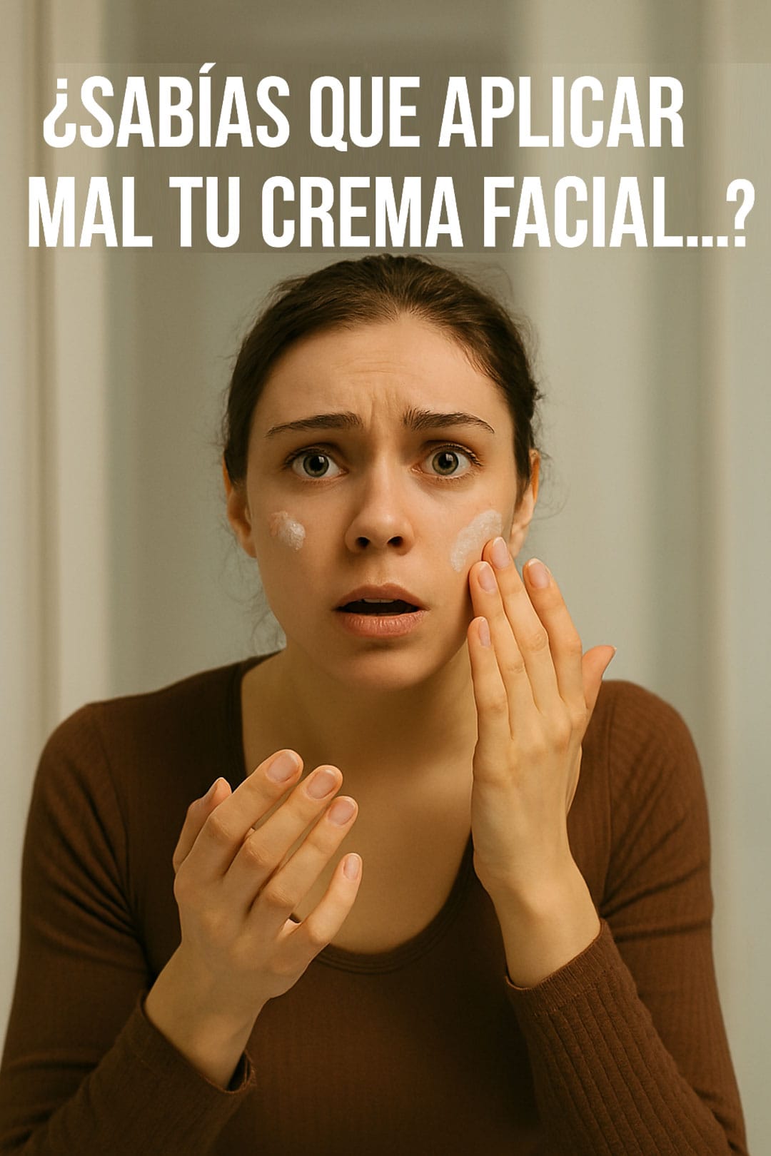 “Imagen minimalista en fondo beige con la frase ‘¿Sabías que aplicar mal tu crema facial...?’ en tipografía blanca, evocando suspense sobre técnicas de aplicación cosmética