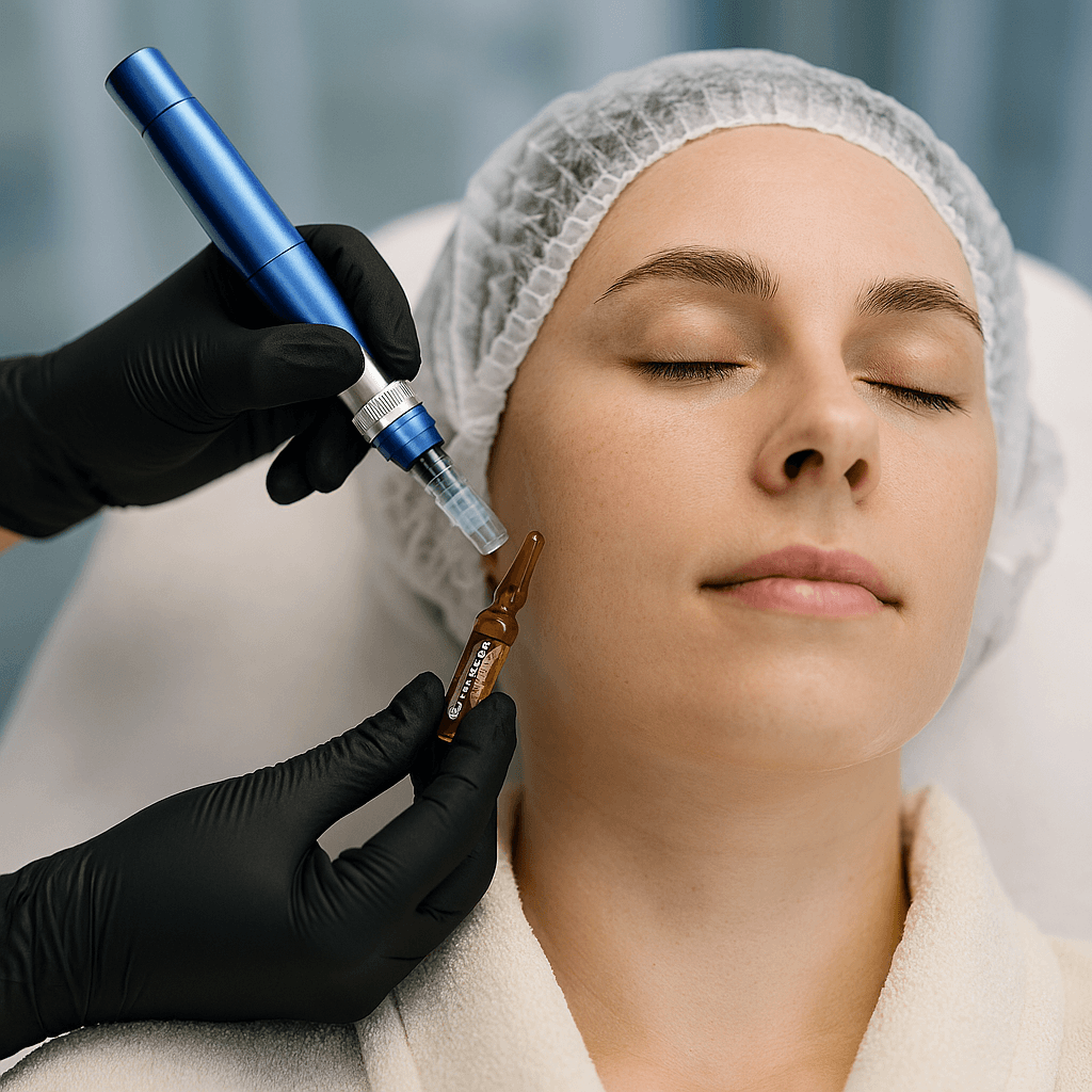 Mujer recostada durante tratamiento facial con Dermapen, mientras se aplica vial AC Glow con péptidos biomiméticos y vitaminas, en un entorno estético profesional.