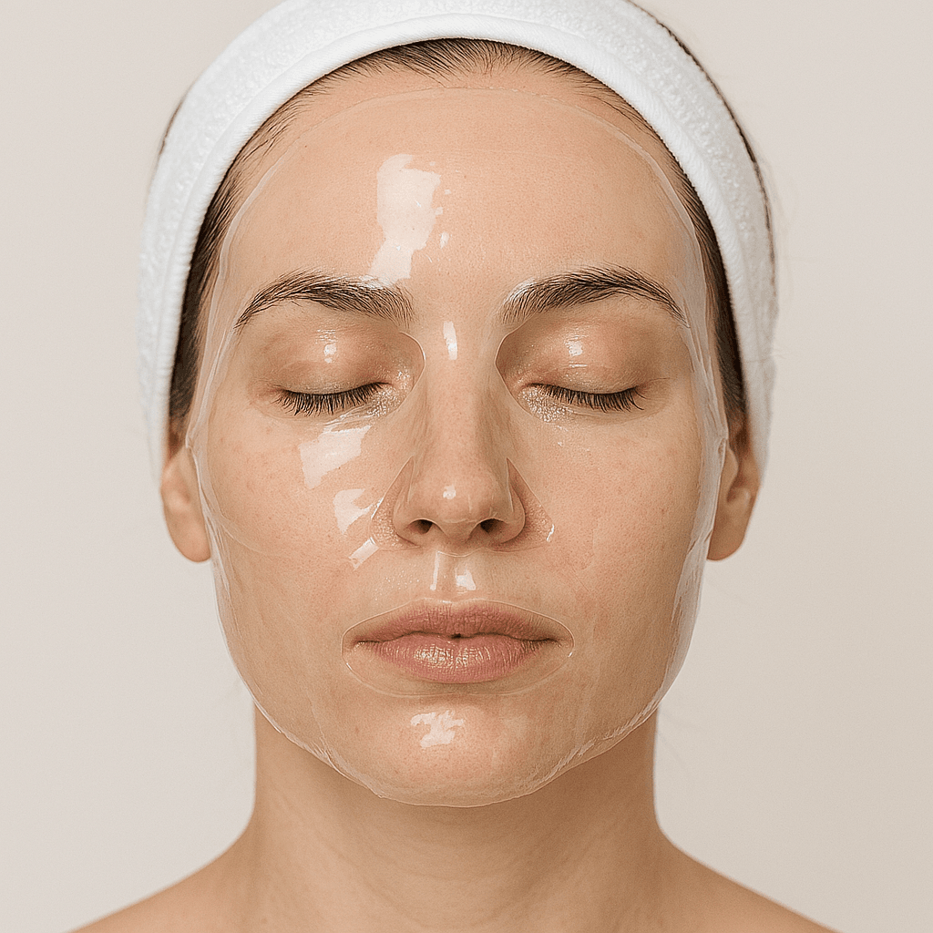 Rostro femenino con mascarilla de hidrogel transparente aplicada inmediatamente después del tratamiento con Dermapen.