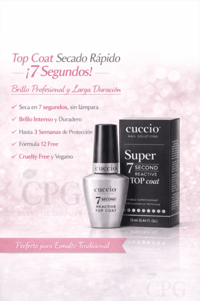 Top coat profesional Cuccio con secado rápido y brillo duradero.