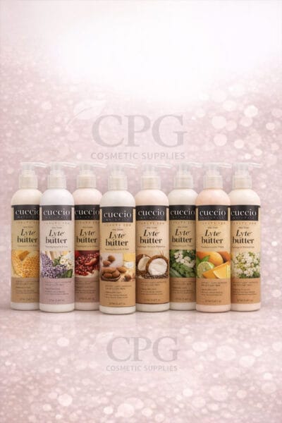 Cremas Cuccio Lyte Butter para manicura y pedicura Spa profesional con fondo blanco‑rosado y marca Coprogal