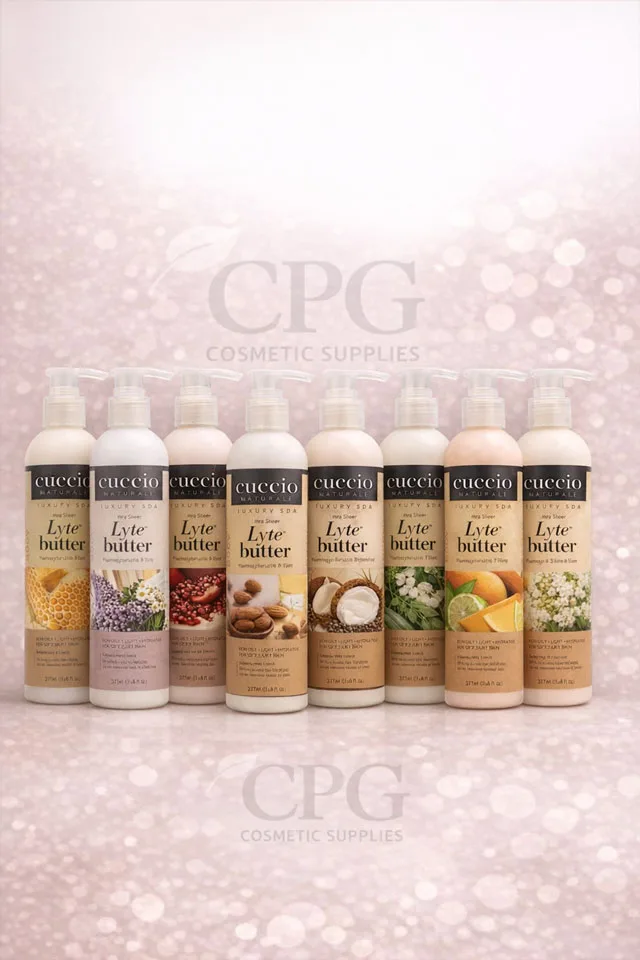 Cremas Cuccio Lyte Butter para manicura y pedicura Spa profesional con fondo blanco‑rosado y marca Coprogal
