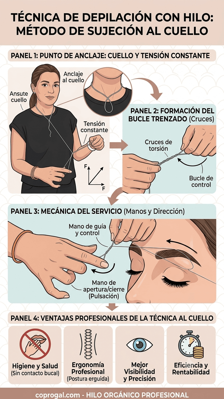 Depilación con hilo con sujección al cuello