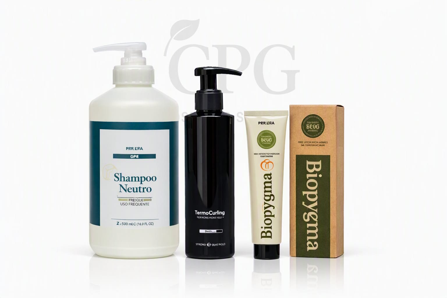 Productos de peluquería profesional: Champú Uso Frecuente, Termocurling y tinte Biopygma Driza sobre fondo blanco